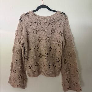 Crochet Floral Openwork Sweater - Beige